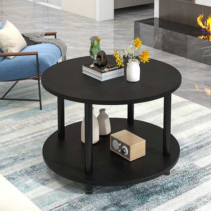 23.6" Round Coffee Table, 2-Tier Small Circle Coffee Table with Storage, Modern Center Accent Table with Metal Frame, Side Table End Table for Small Space, Living Room, Office, Black