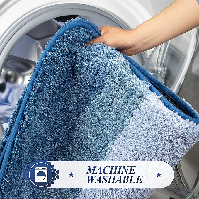 Walensee Non Slip Bath Mat (24 x 36, Ombre Blue) - Soft Microfiber Shaggy Mat, Water Absorbent, Machine Washable, Thick Plush for Shower