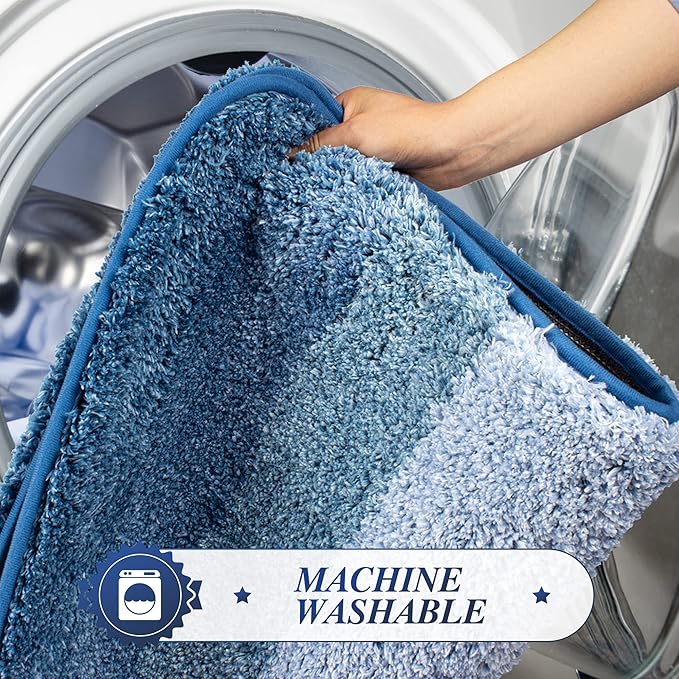 Walensee Non Slip Bath Mat (16 x 24, Ombre Blue) - Soft Microfiber Shaggy Mat, Machine Washable, Thick Plush for Shower