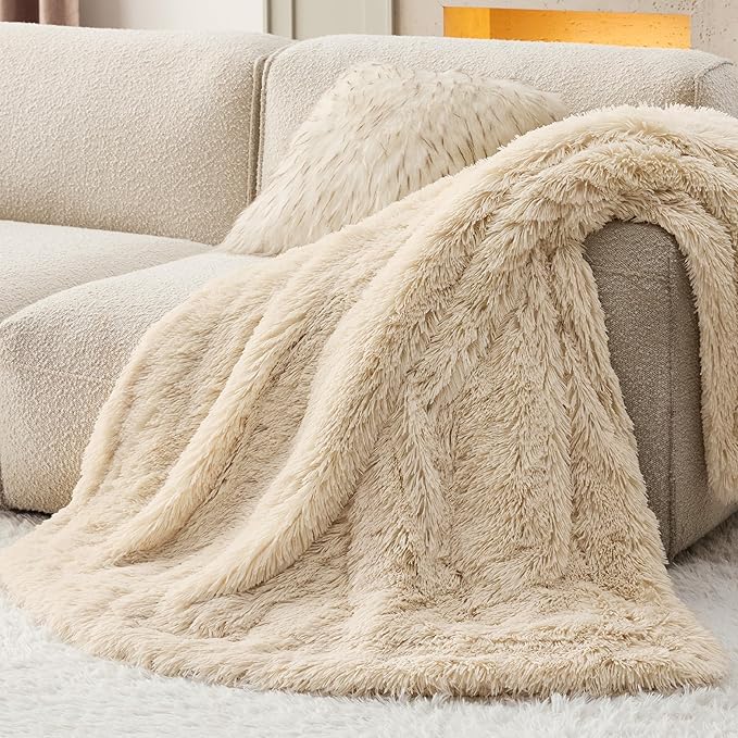 Bedsure Fuzzy Sherpa Faux Fur Twin Blanket Beige Cozy Gifts for Women Men, Soft Fleece Plush Warm Minky Thick Blanket Twin Size for Bed, Couch, Room Decor Dorm Essentials Beige Decor Gifts, 60x80