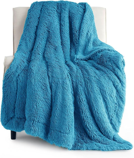 Bedsure Fluffy Bright Blue Throw Blanket Gifts for Women, Men, Soft Fleece Cozy Fuzzy Sherpa Plush Warm Minky Thick Faux Fur Throws for Couch, Blue Decor House Blanket Gifts for Her, 50x60