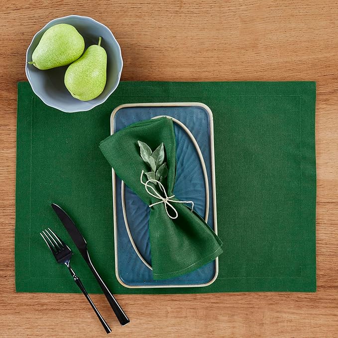 Solino Home Linen Cloth Placemats Set of 4-100% Pure Linen Pine Green Placemats 14 x 19 Inch for Summer - Fete