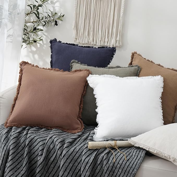 Foindtower Set of 2 Decorative Linen Fringe Throw Pillow Covers Boho Farmhouse Cushion Cover with Tassels Lumbar Accent Pillowcase for Couch Bed Sofa Living Room Home Bedroom Decor,12×24 Inch,Rust