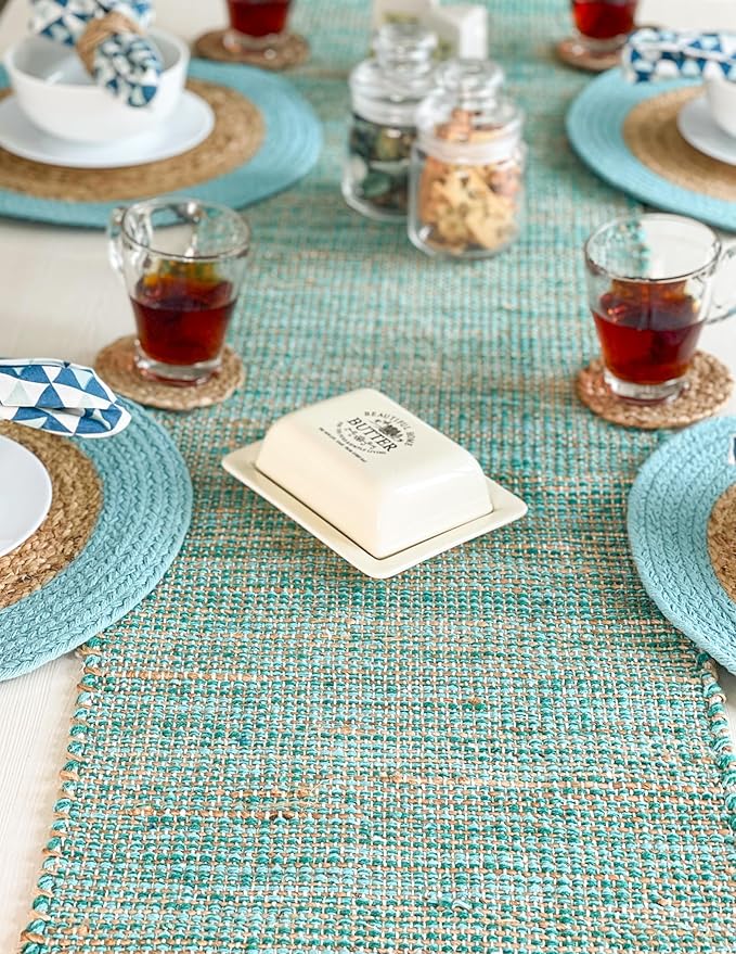 Chardin home Eco-Friendly Natural Jute/Cotton Table Runner, Size: 13”x72”. Jute/Aqua-Turquoise