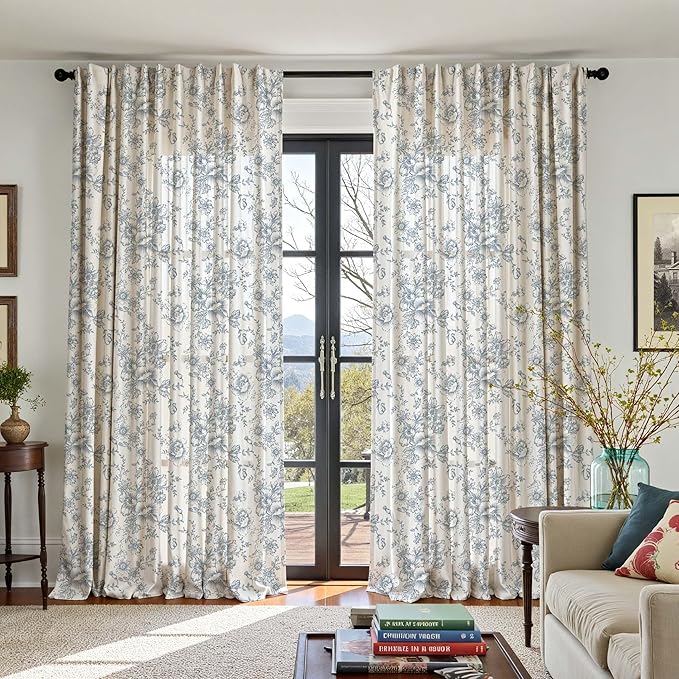 jinchan Linen Floral Curtains Extra Wide for Patio Sliding Glass Door Room Divider Curtain for Living Room 108 Inch Length Farmhouse Peony Blue Printed Curtain Set 1 Panel
