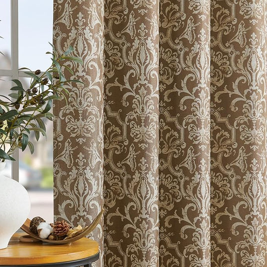 jinchan Room Darkening Curtains for Bedroom Brown Damask Patterned Curtains 63 Inch Length for Living Room Linen Textured Vintage Drapes Medallion Window Treatments Grommet Top 2 Panels Set