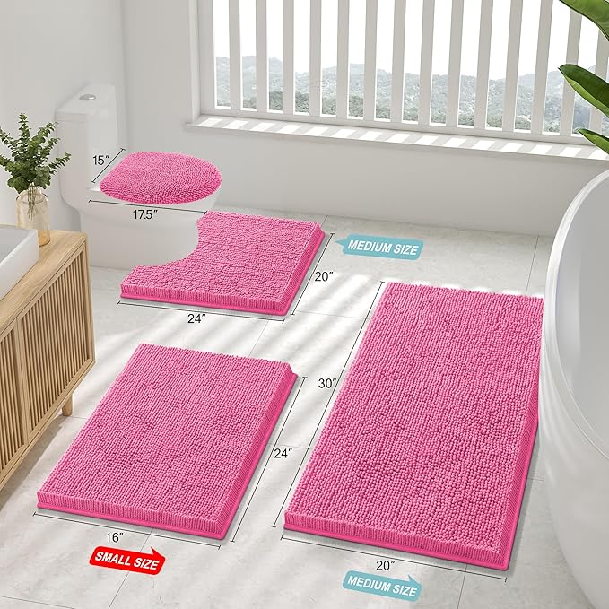 Smiry Luxury Chenille Bathroom Rugs 59x20, Extra Soft and Absorbent Shaggy Bath Mat, Machine Washable, Non-Slip Plush Carpet Runner for Tub, Shower, and Floor, Home Decor Accessories, Hot Pink