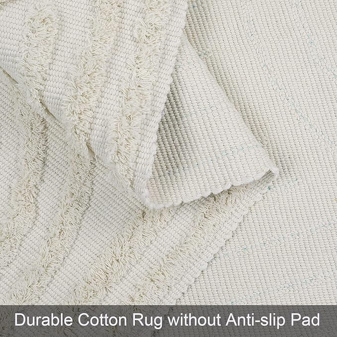 LEEVAN Boho Bathroom Rugs 2'x3', Handmade Washable Beige Bath Mat with Tassels, Bohemian Kitchen Runner, Farmhouse Cotton Entryway Rug for Bedroom/Laundry Room Accent Woven Throw Rug