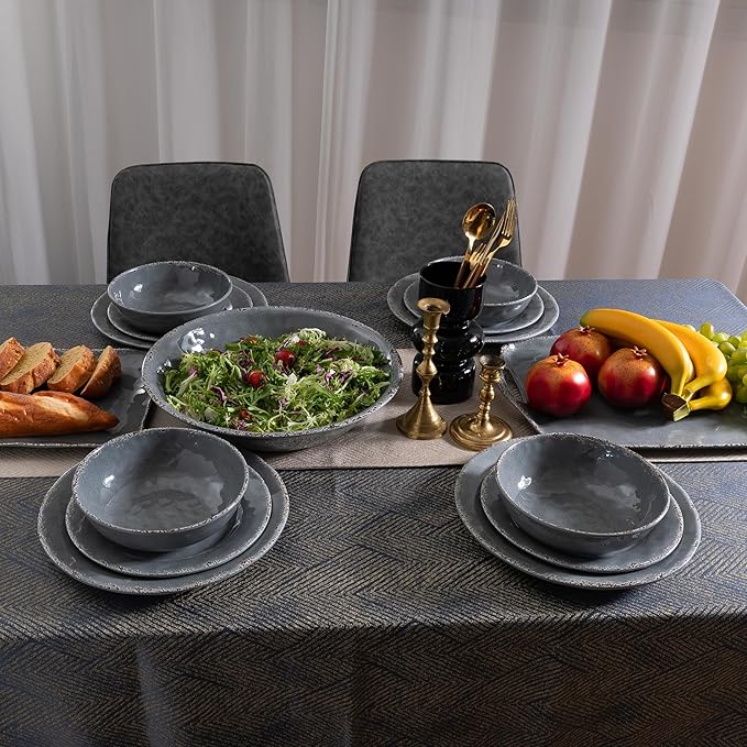 12 Pcs Vintage Melamine Dinnerware Sets, Durable Set Of 4 Plates and Bowls Set, Lightweight Dishes Dinnerware Sets for Indoor and Outdoor Use, BPA Free,Cool Gray