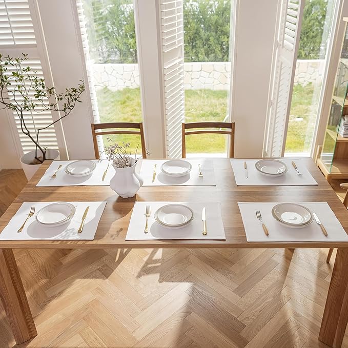 Demetex White Placemats Set of 6 Heat Resistant Linen Place Mats Washable Dining Table Plate Mat for Holiday Wedding Kitchen Decor, Pure White