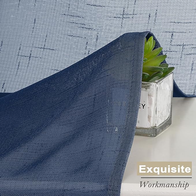Aiyueng Kirei 2 PCS Faux Linen Navy Blue Kitchen Sheer Curtains 36 inch Length, Soft Lightweight Textured Short Cafe Curtains for Farmhouse Bathroom Bedroom Small Windows, Each 30Wx36L inch, Navy