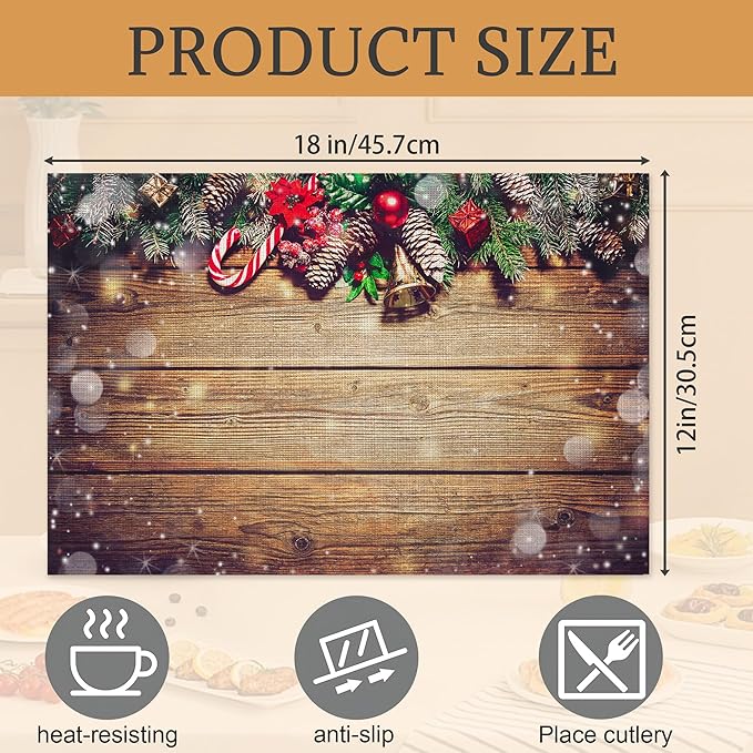 Christmas Placemats Set of 6,Washable Heat Resistant 12×18 Inch Linen Table Mats Wooden Place Mats for Party Outdoor Dining Décor