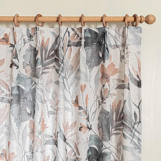 MYSKY HOME Two Pages Pinch Pleated 95 Inches Linen Orange Curtains for Living Room/Dining Room Burlap Effect Floral Printed Privacy Protect Drapes Window Treatments, 2 Panel, Coral and Natural