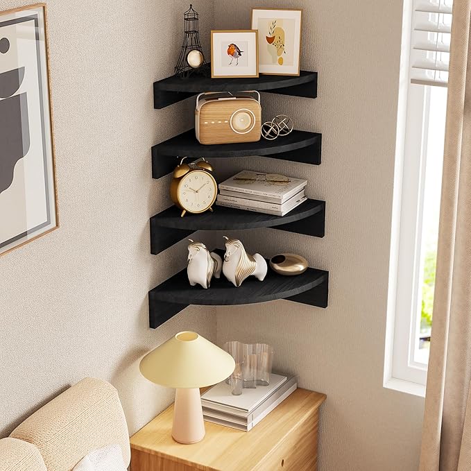 Alsonerbay Black Corner Wall Shelf, Floating Shelves Wall Mount Set of 4, Rustic Wood Shelves for Bedroom, Living Room, Bathroom, Entryway, Garage