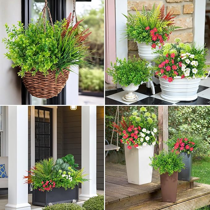 20 Pcs Artificial Plants Outdoor Fake UV Resistant Artificial Flowers Greenery Stems Boston Fern Faux Shrubs Plastic Plants for Garden Porch Planter Window Box Home Decor