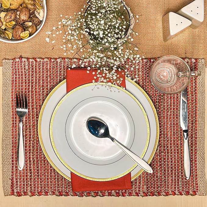 Chardin home Natural Jute - Ombre Rust Orange Placemats, Set of 4 13x19 Inch Table Mats, Rustic Handmade Boho Placemat, Perfect for Holidays, Dinner Parties and Also Everyday Meals