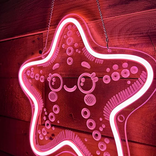 Starfish Neon Sign, Pink Neon Sign, Kawaii Star Ocean Decor Design, USB Cable with Dimmer, Beach Themed Night Light Gift for Craft Room Kid Wall Decor (11,8 * 11,5in)