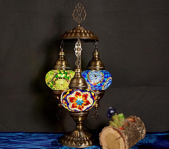 Mozaiist Anatolian Star Turkish Mosaic Glass Table Lamp, Metal Base, 3 Globe