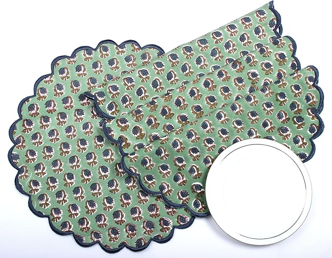 Ridhi Bo-ho Round Place Mat Double Layer Floral Cotton Washable Placemats 15" Round Embroidery Block Print Table Mat (Pack of 4-15 Inch Round, Basil Green)
