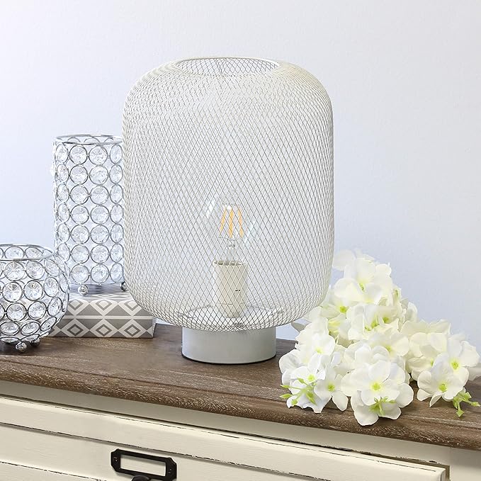 Simple Designs LT1072-WHT Metal Mesh Industrial Table Lamp, White
