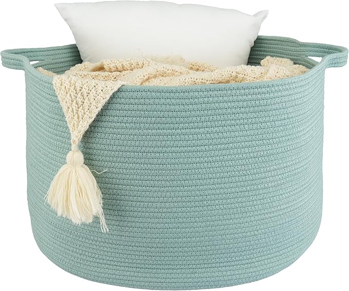 Large Cotton Rope Basket Blankets Basket Living Room 22"x14" Toy Basket for Kids Dogs Rope Storage Basket for Nursery Woven Laundry Basket for Clothes Towels Baby Toy Storage round light green