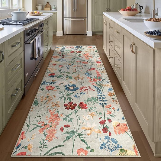 Floral Runner Rug 3x8 Washable Hallway Long Beige Bedroom Carpet Non Slip Indoor Boho Kitchen Low Pile Accent Rug Lightweight Soft for Bathroom Dining Laundry Living Room