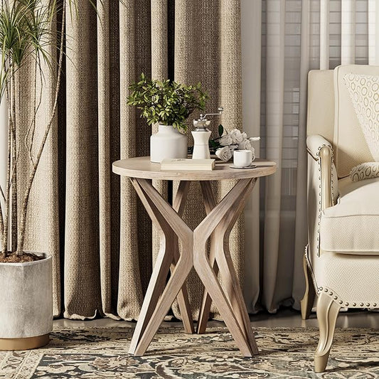 LONYKE Pedestal Farmhouse End Table, Distressed Top with Tripod Base Bedside Table for Living Room, Modern, Boho Decor, Round (1 Pack, Distressed Aah Grey)