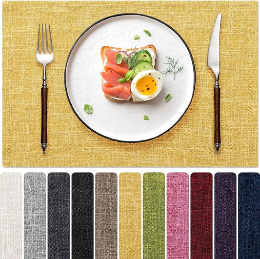 Placemats Set of 4, Dual-Layered Thickened Faux Linen Cloth Place Mats Heat Resistant Machine Washable Wrinkle Free Table Mats Indoor/Outdoor (Yellow)
