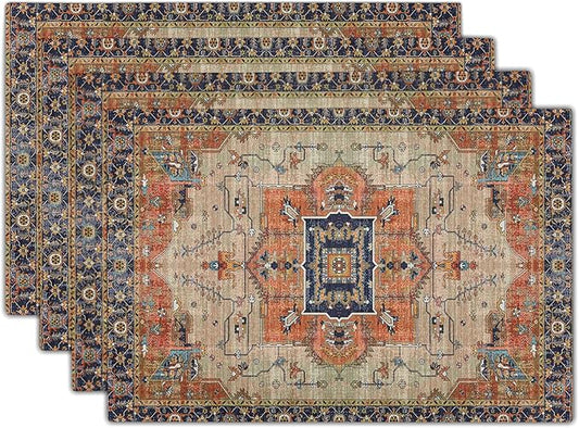 Aztec Terracotta Boho Placemats Set of 4 Vintage Rust Retro Carpet Linen Washable Kitchen Dining Table Mats Stain Heat-Resistant Desktop Decor Place Mats for Home Party Indoor 12x18 in