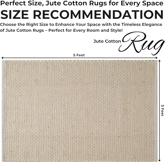 Bedding Craft Jute Cotton Matty Area Rug for Living Room 36x60 Inch - Natural - Machine Washable 3x5 Feet Rugs - 70% Jute and 30% Cotton