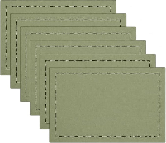 Ruvanti Linen Placemats Set of 6-13x19 Inch, Classic Hemstitch, Heat ‎Resistant Machine Washable Place Mats, Soft & Elegant- Perfect for Christmas, ‎Thanksgiving, Weddings, Dinner - Martini Olive