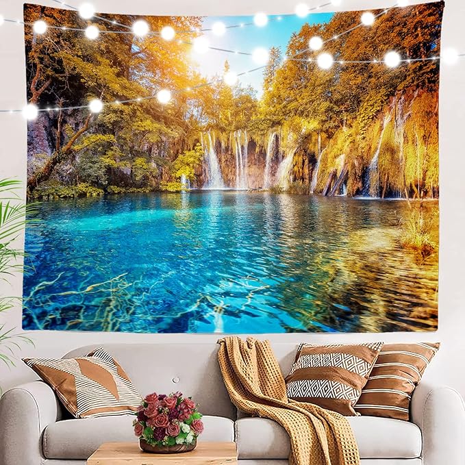 BaoNews Turquoise Natural Waterfall Tapestry,Plitvice Lakes Large Wall Hanging Polyester Tablecloths Tapestry Bedroom Room Living Room Dorm 59.1 x 82.7 Inches