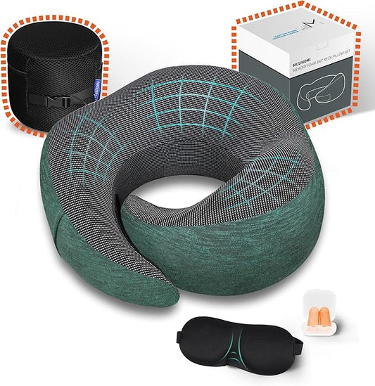 MULIHOMI™ New Packaging Updated Travel Pillow for Airplane with 100% Memory Foam, 360° Adjustable Full Surrounding Flying Neck Pillows, Travel Pillow Set with 3D Eye Masks, Earplugs (Deep Green)