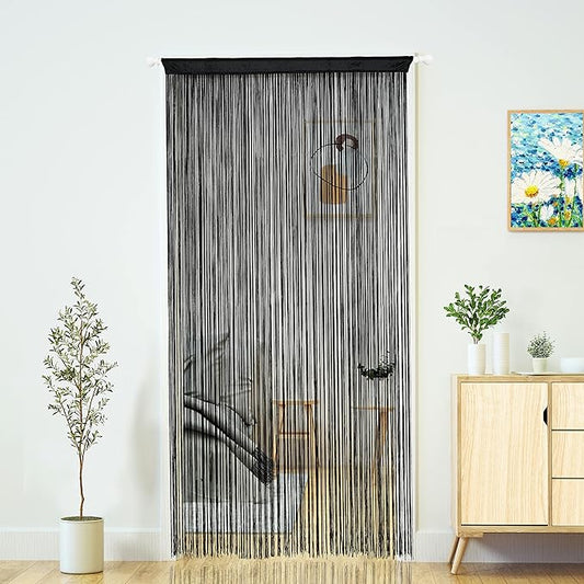 Doorway String Curtain Door Curtains,Boho Hippie Hanging Patio Tassels Screen Room Decor Bedroom Wall Window Closet Kitchen Living Room Fringe Divider Panel Laundry Room(39×79in/100×200cm, Black)