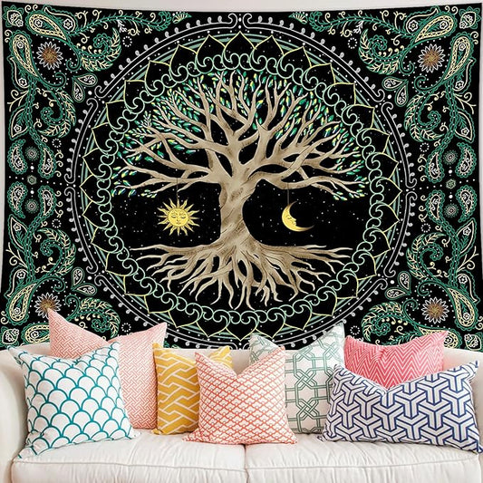 FORATER Tree of Life Tapestry Wall Hanging Aesthetic Sun and Moon Tapestry with Vintage Paisley Flowers Colorful Tree Wall Tapestry for Bedroom, Living Room, Dorm(53 x 61 inches, Multicolor)