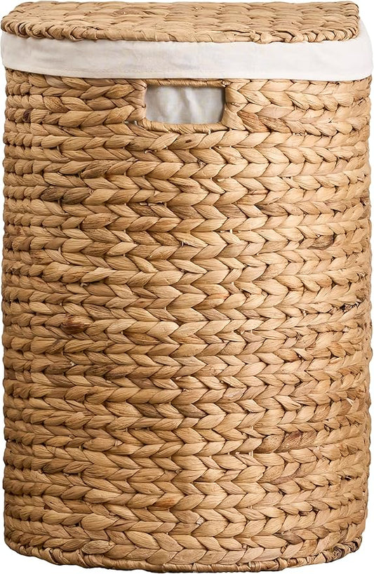 Woven Laundry Basket with Lid - Large Wicker Hamper with Lid for Clothes Storage - Round Rattan Laundry Hamper - Water Hyacinth Storage Basket with Lid (Natural Brown, 16.9 x 13.8 x 20.5 in)