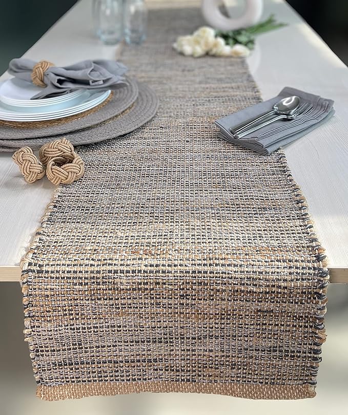 Chardin home Natural Jute Table Runner 13x108 Inch – Vintage Boho Rustic Table Decor – Handwoven Jute Table Runner in Natural and Grey – Farmhouse Dining or Console Table Accent