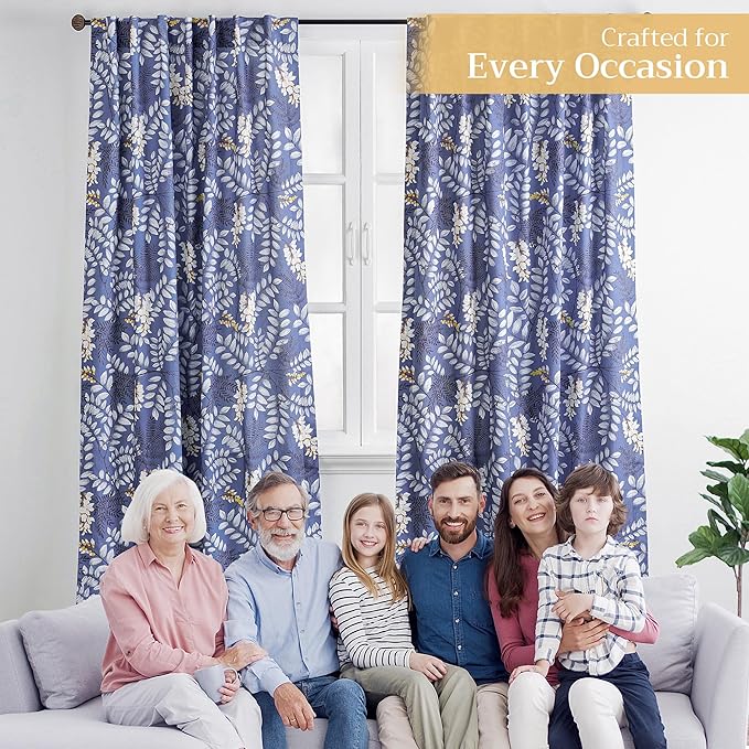Maison d' Hermine Curtains for Living Room 100% Cotton 84 inch Length One Panel Light Filtering Curtains for Bedroom Windows with Rod and Loop Pockets Drapes (Feuillage Air Force Blue, 50" W x 84" L)