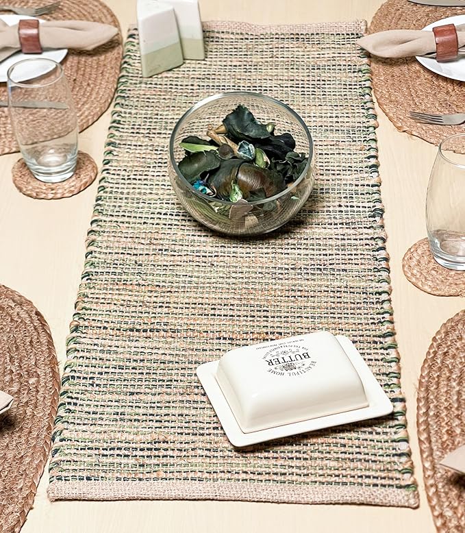 Chardin Home Natural Jute Table Runner 13x36 Inch – Vintage Boho Rustic Table Decor – Handwoven Jute Table Runner in Natural and Green – Farmhouse Dining or Console Table Accent