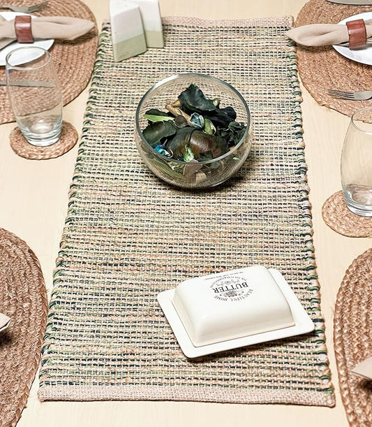 Chardin Home Natural Jute Table Runner 13x36 Inch – Vintage Boho Rustic Table Decor – Handwoven Jute Table Runner in Natural and Green – Farmhouse Dining or Console Table Accent
