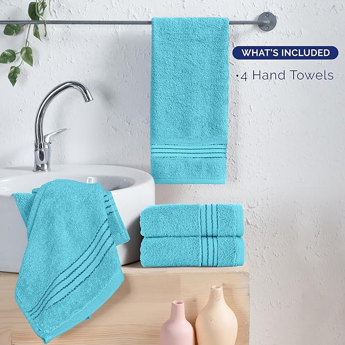 Elegant Comfort Premium Turkish Cotton 4 Pack Hand Towel Set - 16 x 28 inch, Luxurious Hotel Spa Quality 100% Turkish Cotton 4PC Hand Towel Set - Highly Absorbent - Soft Bathroom Towels, Aqua