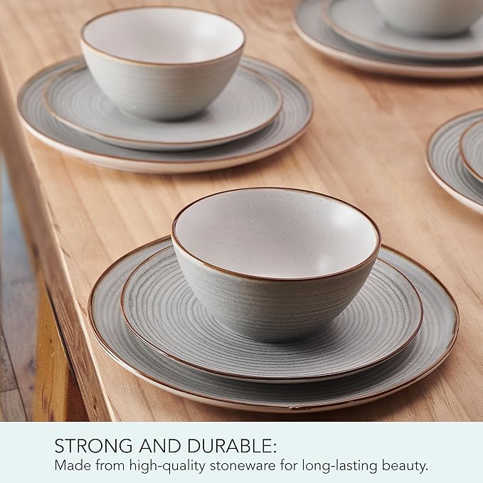 Pfaltzgraff Rowan Gray 12 Piece Plate Bowl Dinnerware Set, Service for 4