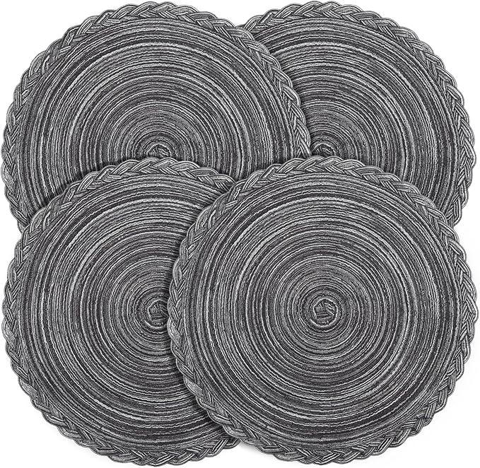 fanquare Round Woven Placemats Set of 4, 15 Inch Braided Placemats Gray Kitchen Table Mats Indoor & Outdoor Placemats for Dining Party Daily Use