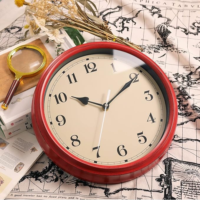 AYRELY® Decorative Vintage Wall Clock - 11Inch Silent Non-Ticking Clocks Battery Operated - Classic Decor for Living Room, Farmhouse, Kitchen, Bedroom, Bathroom (Red)