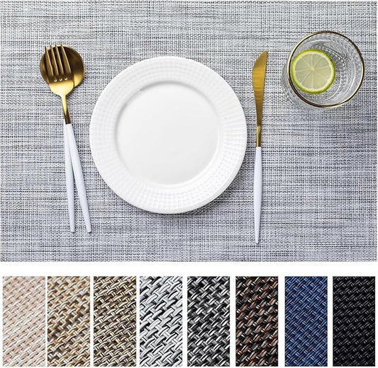 LEXMORE PVC Woven Placemats 8 PCS Wipeable Indoor/Outdoor Table Mats Washable Vinyl Place Mats for Dining Table, Set of 8-Gray