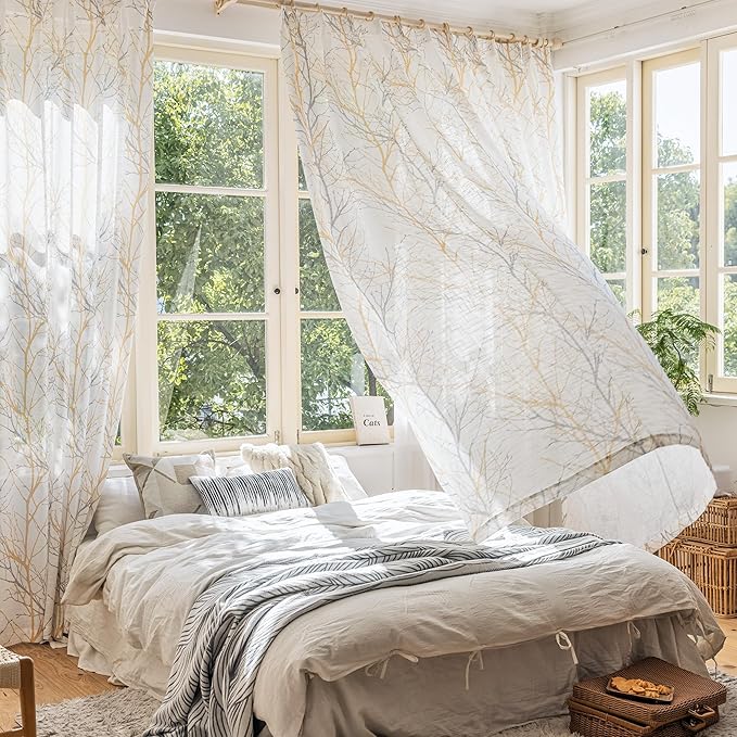 FMFUNCTEX Linen Semi Sheer Curtains for Bedroom, Yellow White Curtains 108 Inches Long for Living Room, Grey Tree Branch Print Curtain Light Filtering Extra Long Window Drapes, Grommet Top 2 Panels