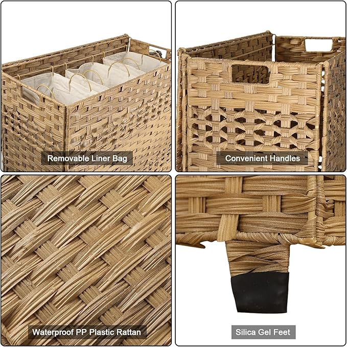 OIAHOMY Laundry Hamper with Lid, 140L Clothes Hamper with 3 Removable Liner Bags, Foldable Basket with Lid, Synthetic Wicker Laundry Basket for Bedroom, 27x 13 x 26 Inches, Yellow