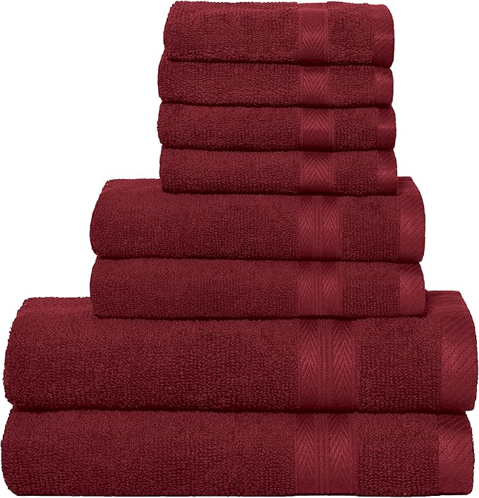 BOUTIQUO 8 Piece Towel Set 100% Ringspun Cotton, 2 Bath Towels 27X54, 2 Hand Towels 16X28 and 4 Washcloths 13X13 - Ultra Soft Highly Absorbent Machine Washable Hotel Spa Quality - Burgundy