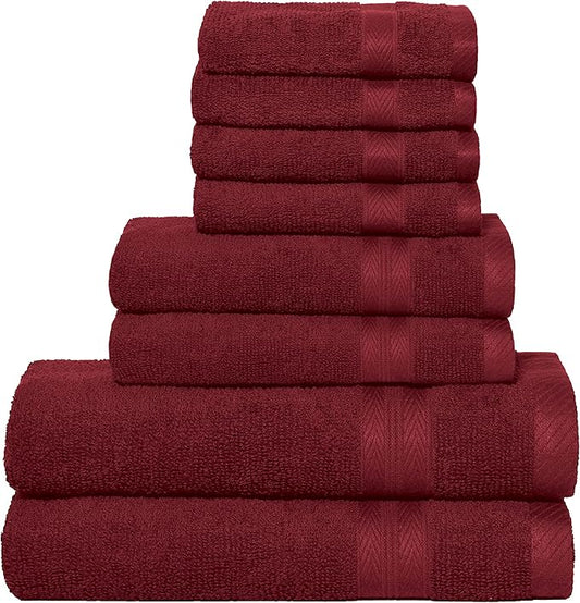 BOUTIQUO 8 Piece Towel Set 100% Ringspun Cotton, 2 Bath Towels 27X54, 2 Hand Towels 16X28 and 4 Washcloths 13X13 - Ultra Soft Highly Absorbent Machine Washable Hotel Spa Quality - Burgundy