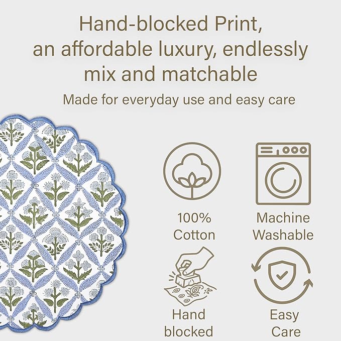 Ridhi Bo-ho Round Place Mat Easter Floral Cotton Washable Placemats 15" Round Embroidery Block Print Table Mat (Pack of 4-15 Inch Round, Light Steel Blue)
